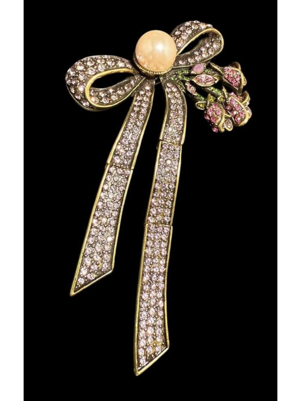 Rare Heidi Daus Articulated Bow Brooch Rhinestone Roses Floral Large Pin